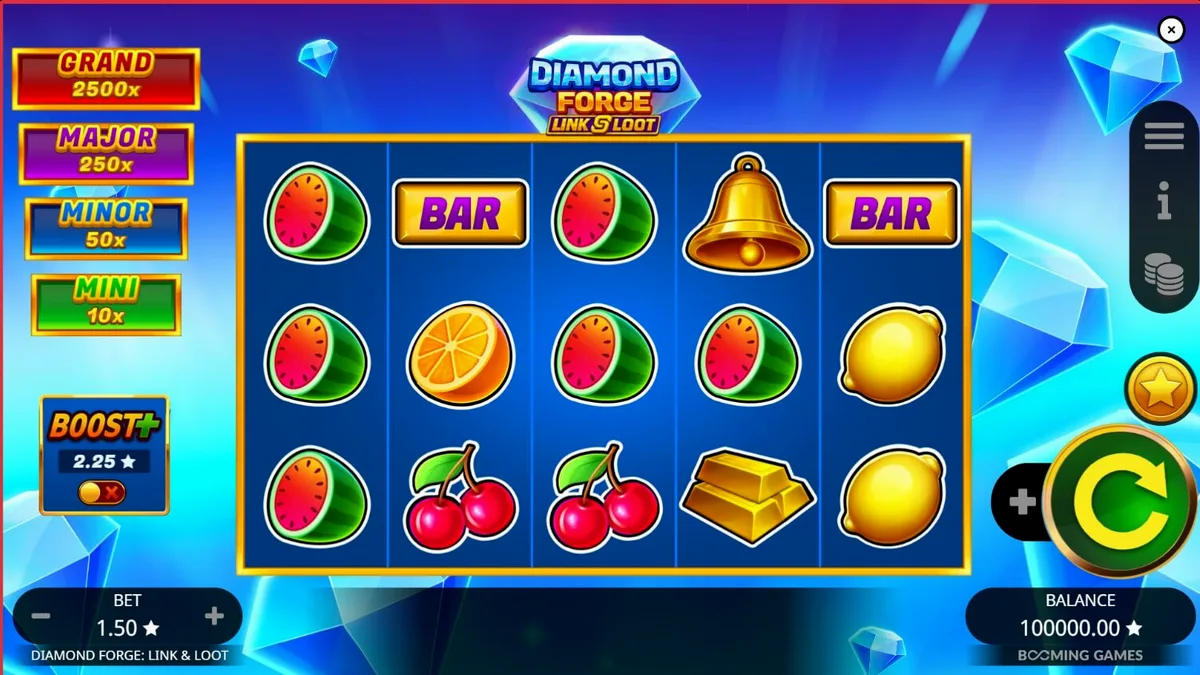 Tampilan visual slot Diamond Forge Link & Loot dengan simbol buah klasik dan berlian